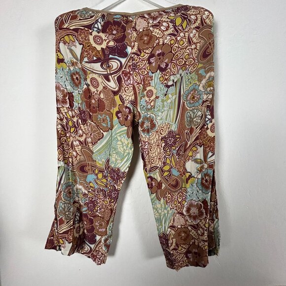 Loco Lindo Womens Floral Print Capri Pants Brown Elastic Waist Lightweight - Picture 2 of 10